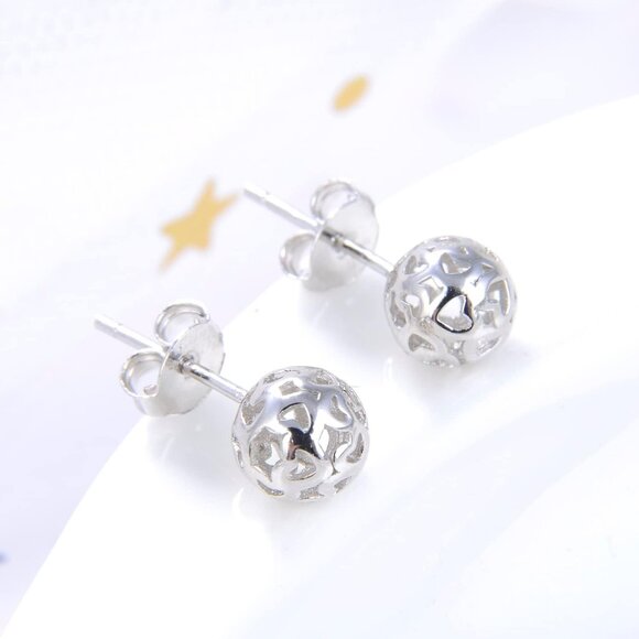 Women's Hollow Pattern Ball Pendant Stud Sterling Silver Earrings Jewelry - Picture 4 of 7